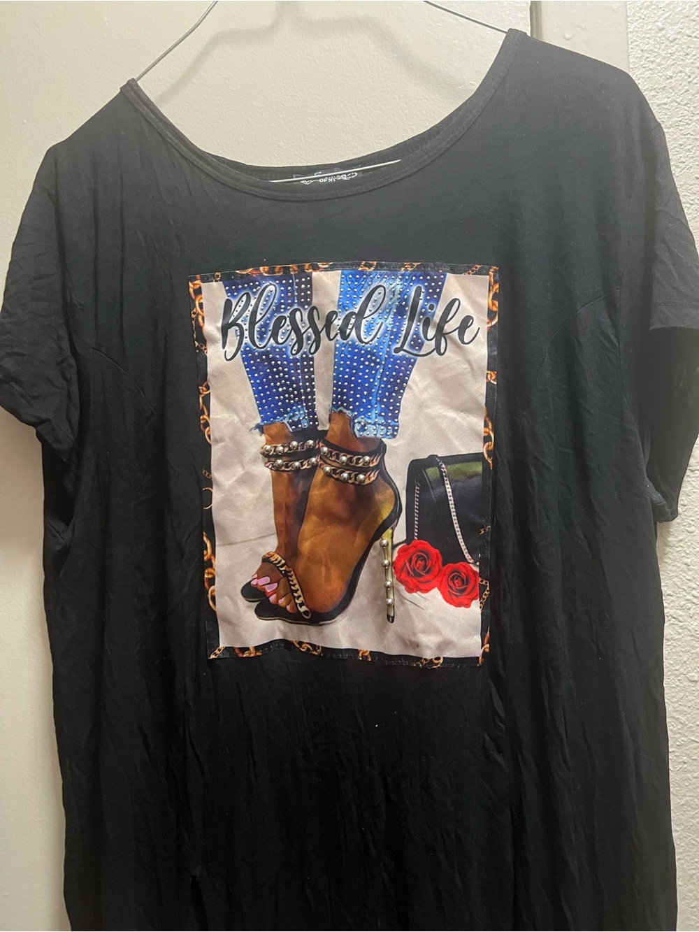Blessed Life Black Graphic long Tee with Brown Heel Artwork